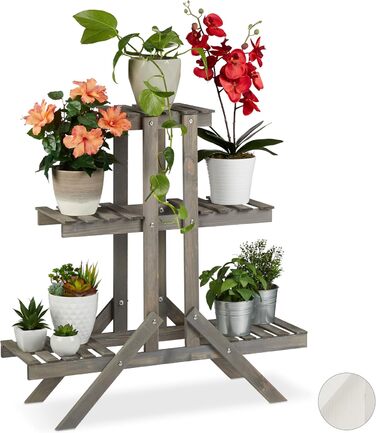 Relaxdays Blumentreppe aus Holz, 3 Stufen, 5 Ablagen, Shabby Chic, HBT: 83x83x28 cm, grau
