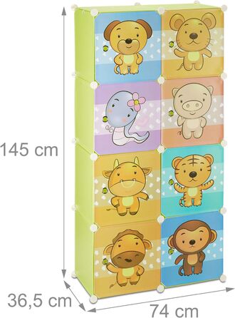 Relaxdays Kinderregal mit Tiermotiv, Kunststoff Steckregal m. Türen, Kinderzimmer Kleiderschrank m. Kleiderstange, bunt, 37 x 74 x 145 cm