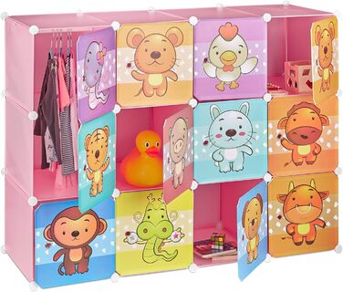 Relaxdays,  Steckregal Kinderzimmer, Tiermotive, Jungen, Türen, Kleiderstangen, Kunststoff Kleiderschrank, 145x110cm, 60%, Standard (Rosa)