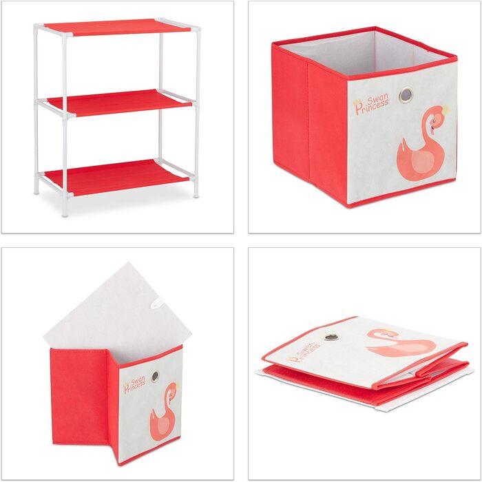 Relaxdays Kinderregal mit 4 Boxen, Spielzeug, Mädchen, Schwan-Design, Regal Kinderzimmer, HBT: 62 x 53 x 30 cm, weiß/rot