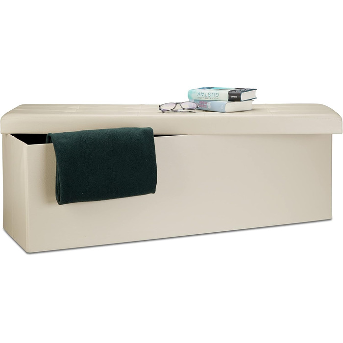 Relaxdays Faltbare Sitzbank XL Kunstleder, 38x114x38 cm, Sitztruhe mit Stauraum, Creme