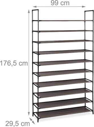 Relaxdays XXL Schuhregal Stecksystem, 10 Ebenen, für 50 Paar Schuhe, Stoff Schuhständer HBT 176,5x99x29,5 cm, braun