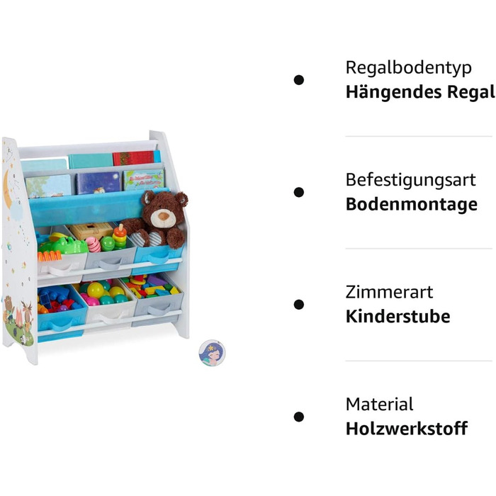 Relaxdays Kinderregal, Tiere Motiv, 6 Boxen, 2 Fächer, Kinderzimmer, Spielzeug Aufbewahrung HBT 74 x 62 x 31,5 cm, bunt, Holzwerkstoff, Lagerfeuer, 1 Stück