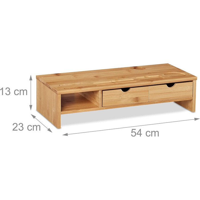 Relaxdays Monitorständer aus Bambus, mit Ablagefach & 2 Schubladen, 13x54x23cm, Natur