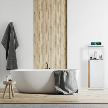 Relaxdays Badregal mit Wäschekorb, 2 Ablagen, kippbar, MDF & Bambus, 98x36x30 cm, weiß/natur