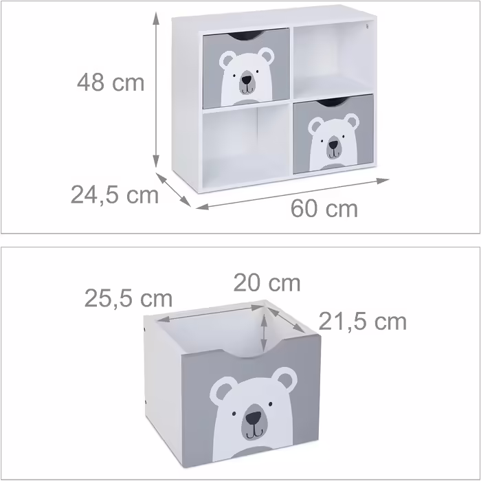 Relaxdays Kinderregal Bär, 2 Schubladen, 2 offene Fächer, H x B x T: 48 x 60 x 24,5 cm, Bücherregal Kinder, weiß/grau 48 x 60 x 24,5 cm Weiß/Grau