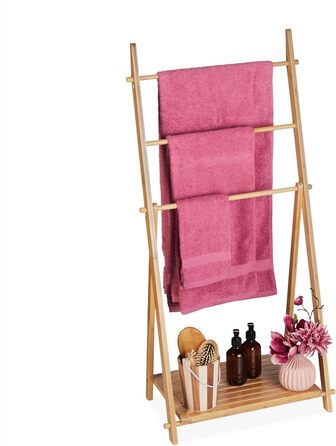 Relaxdays Handtuchleiter Bambus, 3 Stangen, 1 Ablage, klappbar, 110x53x31,5 cm, Standhandtuchhalter, Natur