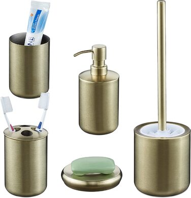 Relaxdays Badezimmer Set, 5-teilig, Badaccessoires Edelstahl gebürstet, komplette Badezimmerausstattung, modern, Gold, 100388