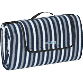 Relaxdays XXL Picknickdecke, 200 x 200 cm, Fleece Stranddecke, wärmeisoliert, wasserdicht, Tragegriff, blau/grau/weiß