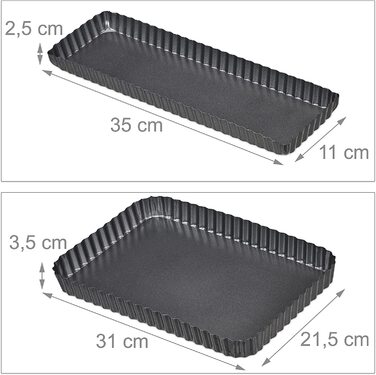 Relaxdays Tarteform, 2er Set, mit Hebeboden, antihaftbeschichtet, 2 Größen, rechteckig & länglich, Quicheform, anthrazit