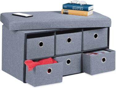 Relaxdays Sitzbank mit Stauraum, 6 Schubladen, Sitzpolster, faltbar, 39x76x38 cm, grau