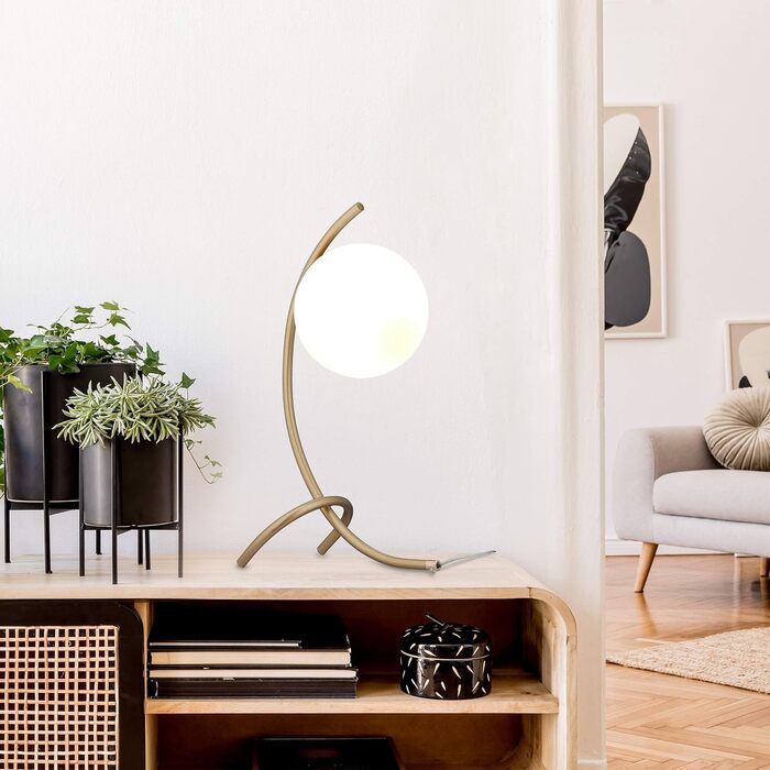 Relaxdays Tischlampe Kugel, geschwungen, Metall & Glas, E27, Lampe Schlafzimmer, Wohnzimmer, Nachttischlampe, gold/weiß, 10034190, 40 x 15 x 22.5 cm
