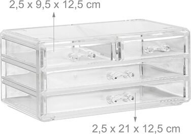 Relaxdays Make Up Organizer Acryl, 2-teilige Schminkaufbewahrung mit Lippenstifthalter und 4 Schubladen, transparent, 19 x 24 x 13.5 cm