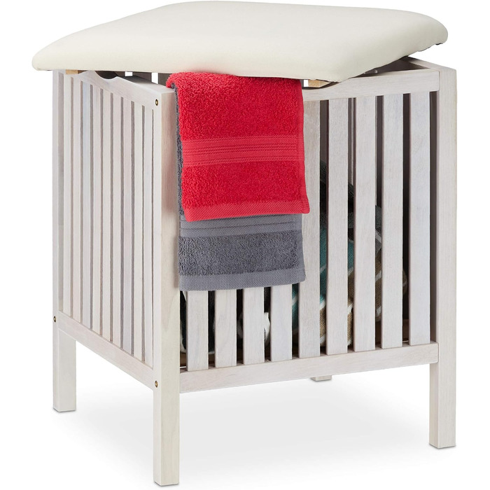 Relaxdays Wäschekorb mit Sitz, Badhocker, Landhausstil, 40 l, Holz & Stoff, 53x41x41 cm, weiß