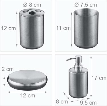 Relaxdays Badezimmer Set, 4-teilig, Seifenspender, Seifenschale, Zahnputzbecher, Zahnbürstenhalter, Edelstahl, Silber 1003887