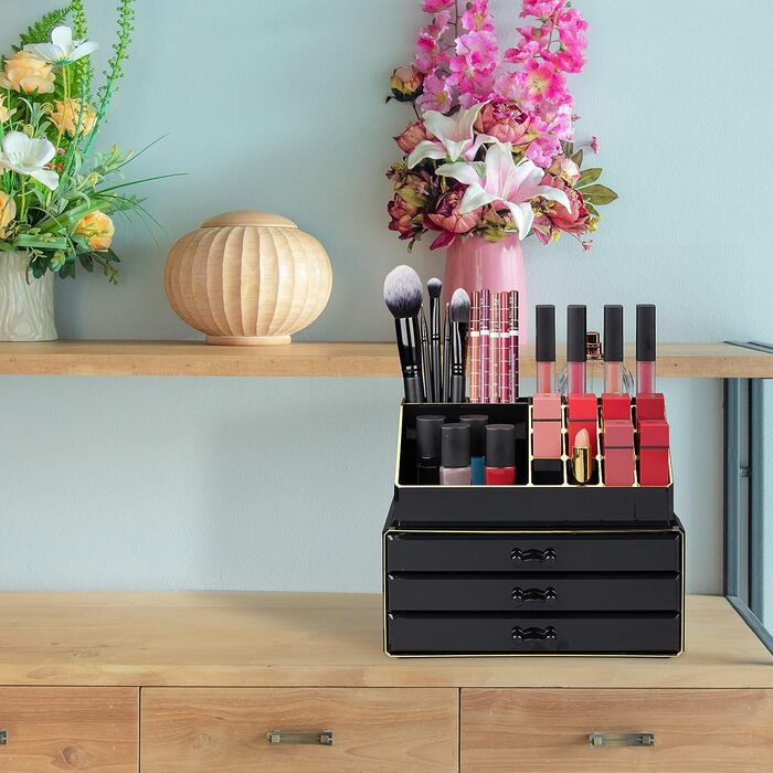Relaxdays Make Up Organizer klein, 2-teilige Schminkaufbewahrung mit Schubladen, stapelbares Kosmetikregal, schwarz/Gold, 1 Stück