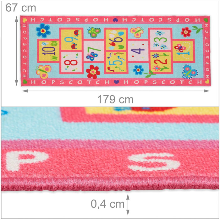 Relaxdays Kinderteppich, Spielteppich mit Hüpfspiel, 179 x 67 cm, Hüpfteppich fürs Kinderzimmer, Himmel und Hölle, bunt, Polyester, Kunststoff