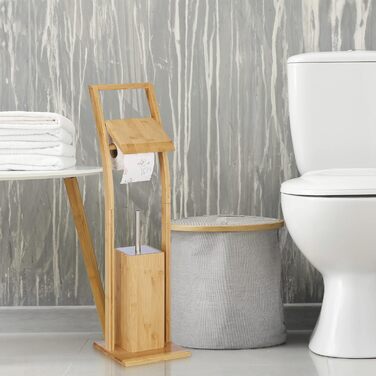Relaxdays WC Garnitur, Bambus, Edelstahl, Klopapierständer mit Toilettenbürste, freistehend, HBT: 74 x 20 x 20 cm, Natur