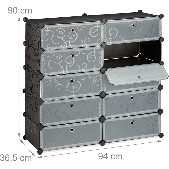 Relaxdays Schuhschrank mit 10 Fächern, Schuhregal groß, Steckregal Kunststoff, DIY, HxBxT ca. 90 x 94 x 37 cm, (Schwarz)