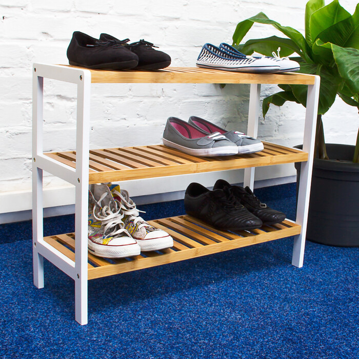 Relaxdays Schuhregal Bambus 3 Ablagen braun-weiß
