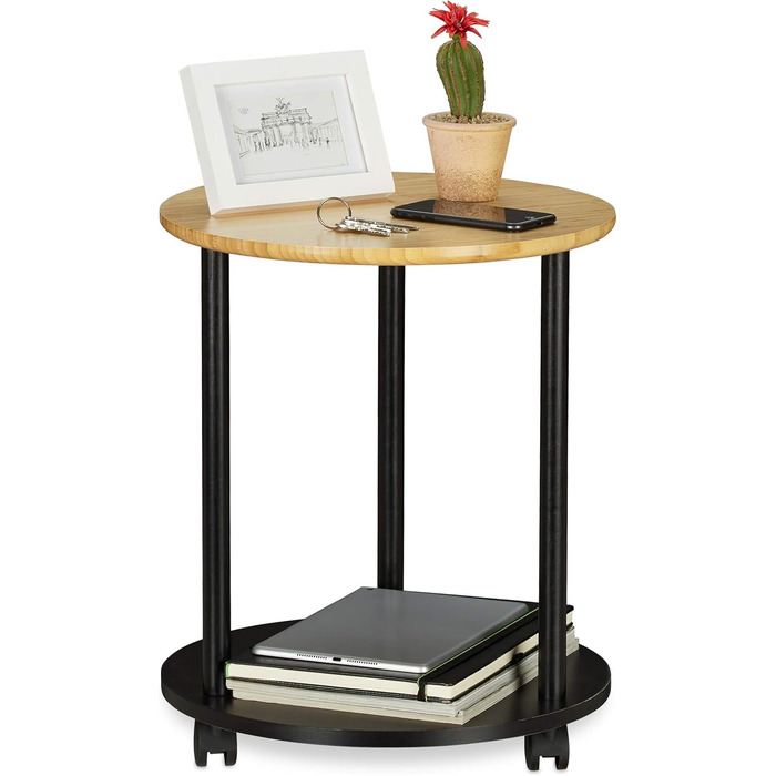 Relaxdays runder Beistelltisch, fahrbar, modernes Design, Bambus, HxD: 59x60 cm, schwarz/natur