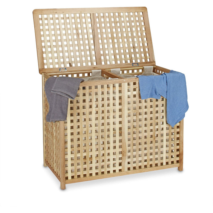 Relaxdays Wäschesammler Duo Walnuss, breite Wäschetruhe, 2 Wäschesäcke, Doppel Wäschebox HBT 68 x 88 x 46 cm, natur