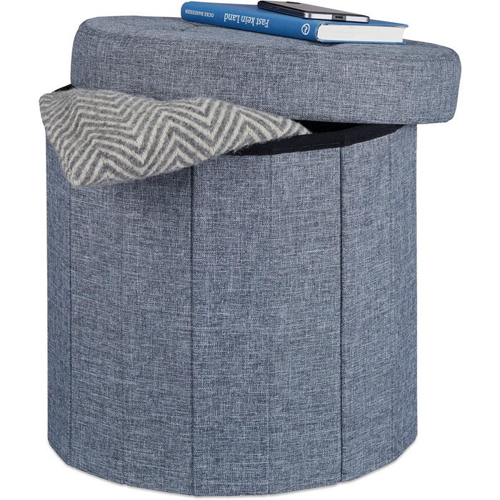Relaxdays Sitzhocker mit Stauraum, rund, faltbar, 38x38x38 cm, Dunkelgrau
