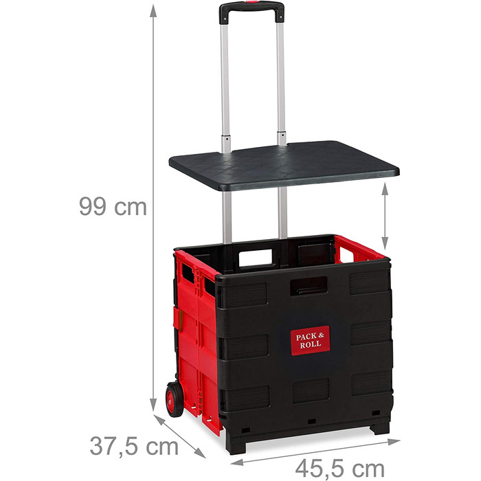 Relaxdays Einkaufstrolley klappbar, bis 35 kg, 50 l Kiste, mit Teleskopgriff, 2 Rollen, Transport Trolley, rot/schwarz