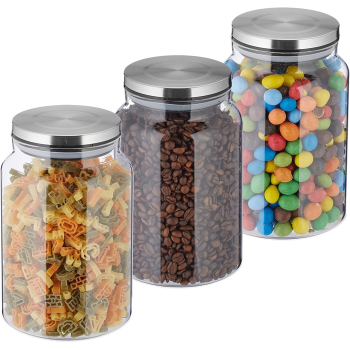 Relaxdays Vorratsgläser, 3er Set, 1500 ml, luftdicht, transparent/silber