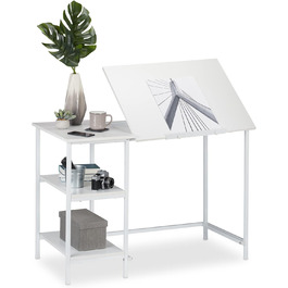 Relaxdays Schreibtisch neigbar, 3 Ablagen, mehrere Winkel, Computer- & Arbeitstisch, HxBxT: 75 x 110 x 55 cm, Weiß