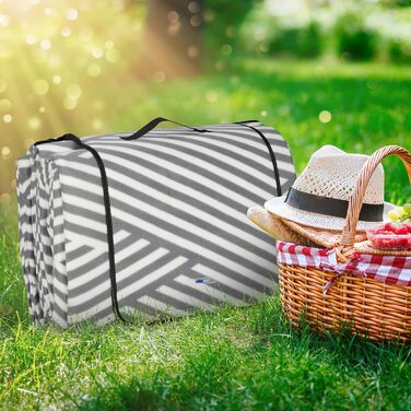 Relaxdays XXL Picknickdecke, 600x200 cm, isoliert, wasserdicht, Fleece Stranddecke, Tragegriff, Zickzack, weiß/grau
