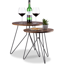 Relaxdays Beistelltisch 2er-Set, runde Satztische mit Metallgestell, Ablagetische, Tischplatte 40 u. 48 cm, MDF,  Standard (Braun) 