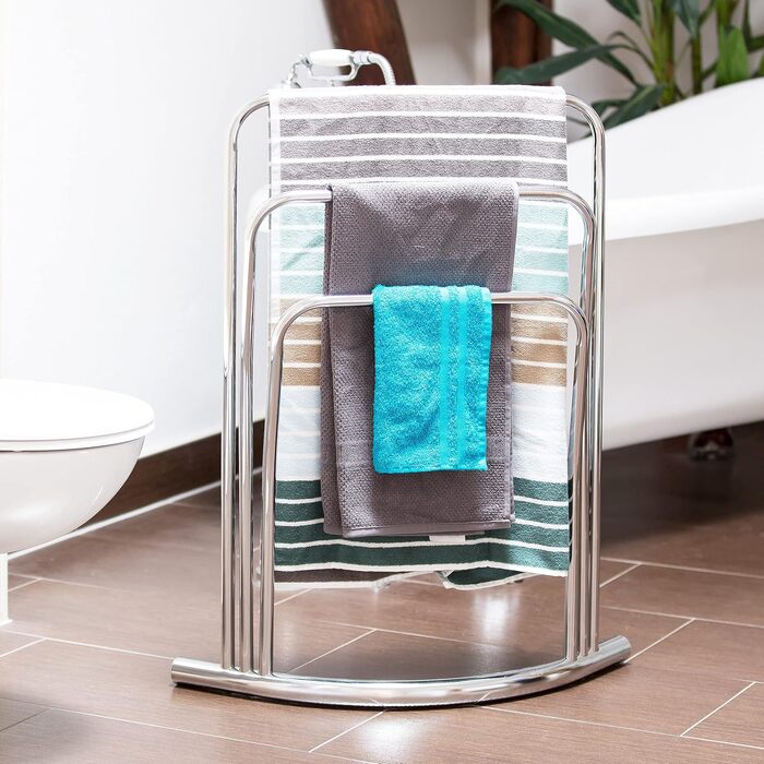 Relaxdays Handtuchständer CURVY, 3 Stangen, 85x66x20 cm, freistehend, Metall, Edelstahl-Optik, silber