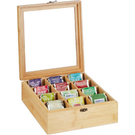 Relaxdays Teebox, 12 Fächer, Bambus, 9,5x26,5x28,5 cm, Tee & Kaffeepads, Deckel, Natur