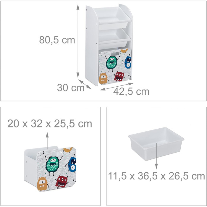 Relaxdays Kinderregal mit 3 Boxen, Monster-Motiv, Kiste mit Rollen, HBT: 80,5x42,5x30 cm, schmales Spielzeugregal, weiß, 10037514_0