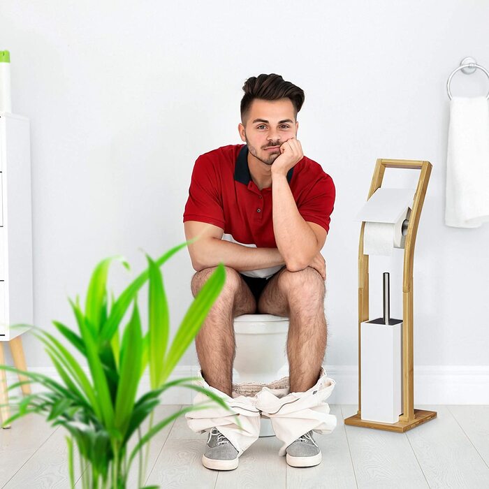 Relaxdays Stand WC Garnitur Holz HBT 75 x 19 x 19 cm Toilettenbürstenhalter aus Bambus mit Toilettenpapierhalter und Klobürst