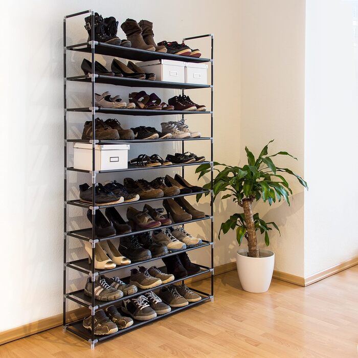 Relaxdays Schuhregal Stoff, HBT: 175,5x100x29 cm, für 50 Paar Schuhe, 10 Etagen, Stecksystem, XXL Schuhgestell, schwarz