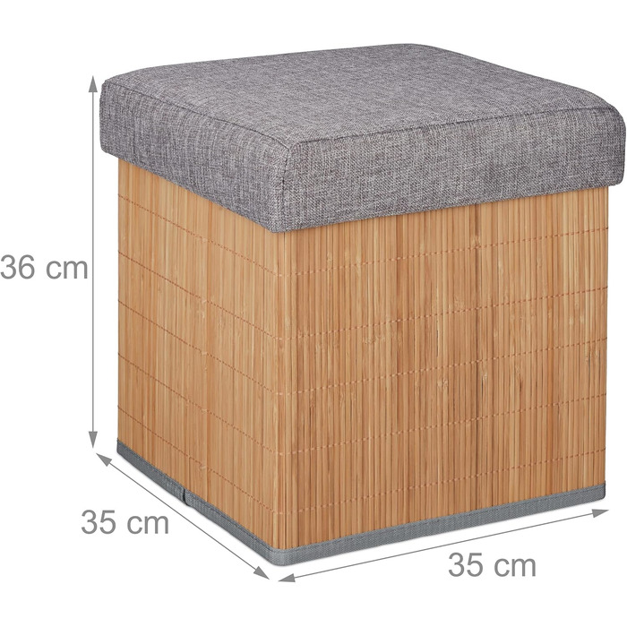 Relaxdays faltbarer Sitzhocker mit Stauraum, gepolstert, Bambus, 36x35x35 cm, Natur/Grau