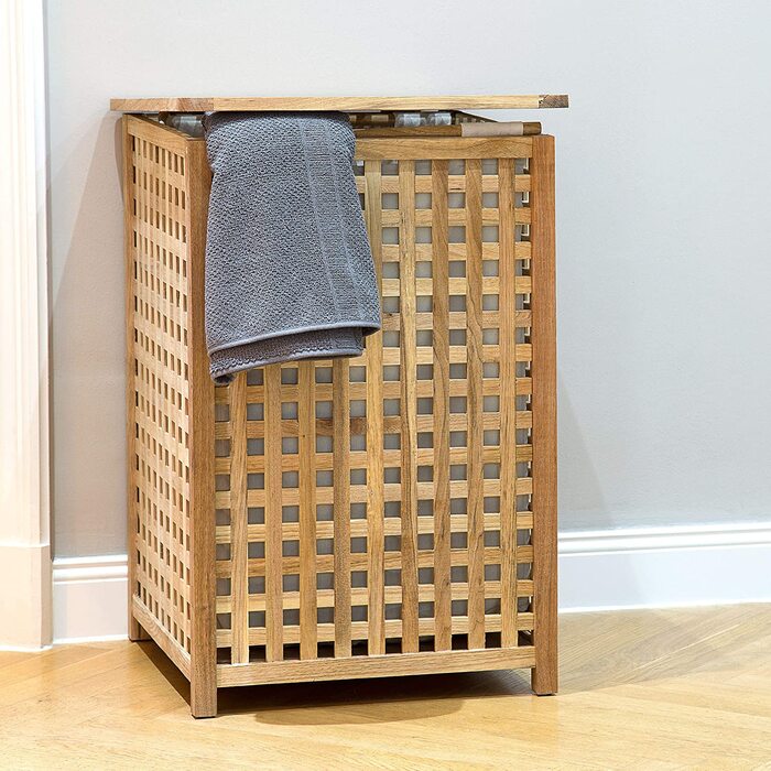 Relaxdays Wäschesammler mit Deckel, 75 L Stoff-Wäschesack, Walnussholz, HBT: 67,5x45,7x45,7 cm, Wäschesortierer, natur