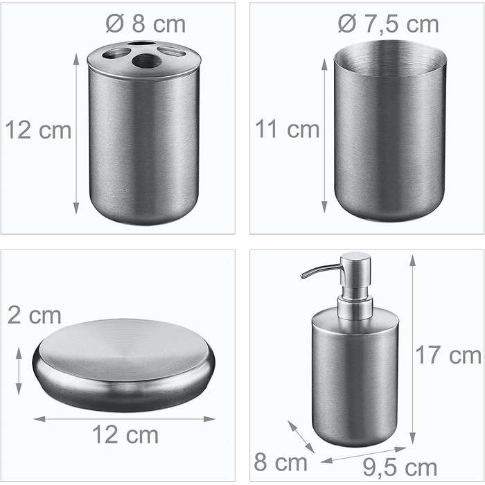 Relaxdays Badezimmer Set, 4-teilig, Seifenspender, Seifenschale, Zahnputzbecher, Zahnbürstenhalter, Edelstahl, Silber 1003887