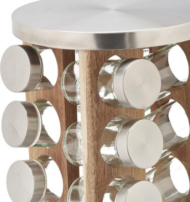 Relaxdays Gewürzkarussell, 20 Gläser, 360° drehbar, Regal HxD: 34x19,5 cm, Edelstahl & Holz, silber/natur