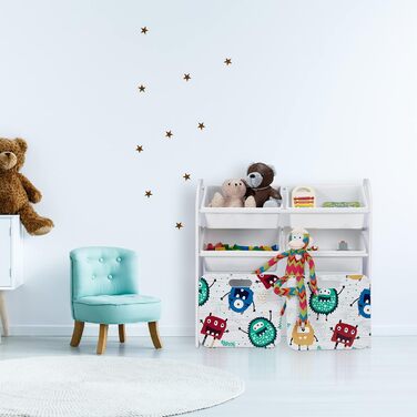 Relaxdays Kinderregal mit 6 Boxen, Monster-Design, 2 Kisten mit Rollen, HBT: 80,5x82,5x30 cm, Regal für Spielzeug, weiß, 10037512_0