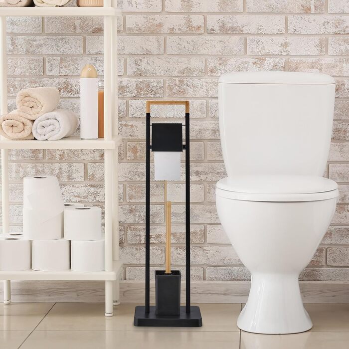 Relaxdays WC Garnitur, Bambus, Edelstahl, Klopapierhalter & Toilettenbürste mit Halter, schwarz/natur