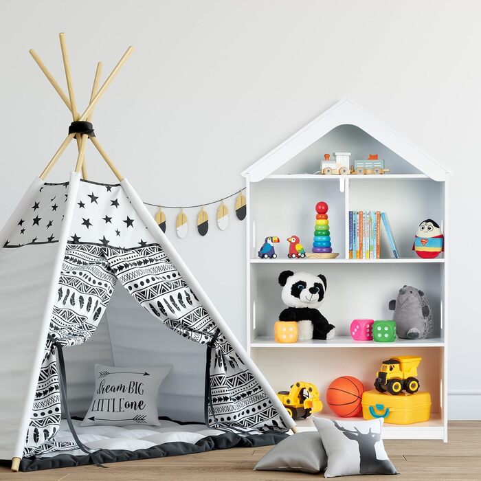 Relaxdays Kinderregal, Hausform, 5 Fächer, hoch, für Bücher & Spielzeug, HxBxT: 122x71x31 cm, Kinderzimmerregal, weiß