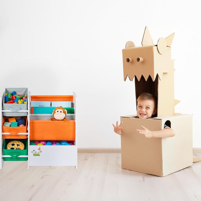 Relaxdays Kinderregal mit 3 Boxen, 4 Taschen, 1 Fach, HBT: 64x64x30 cm, Spielzeugregal Kinderzimmer, bunt