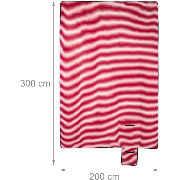 Relaxdays XXL Picknickdecke, 200x300 cm, isoliert, wasserdicht, gestreifte Fleece Stranddecke, mit Tragegriff, rot-weiß