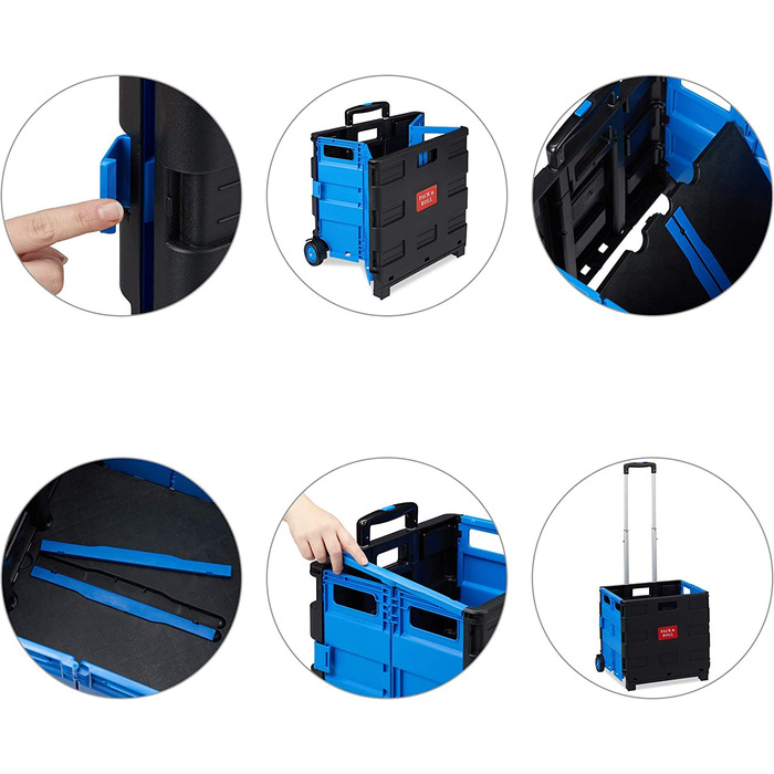 Relaxdays Einkaufstrolley klappbar, Teleskop-Griff, 2 Gummi Rollen, bis 35 kg, Shopping Trolley, Aluminium, ABS, blau