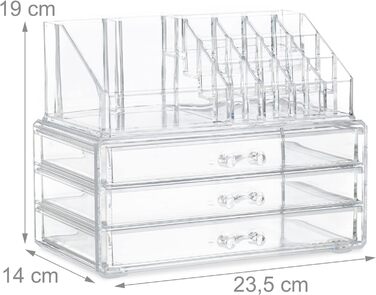 Relaxdays 2 x Make Up Organizer klein, 2-teilige Schminkaufbewahrung mit Schubladen, stapelbares Kosmetikregal, transparent