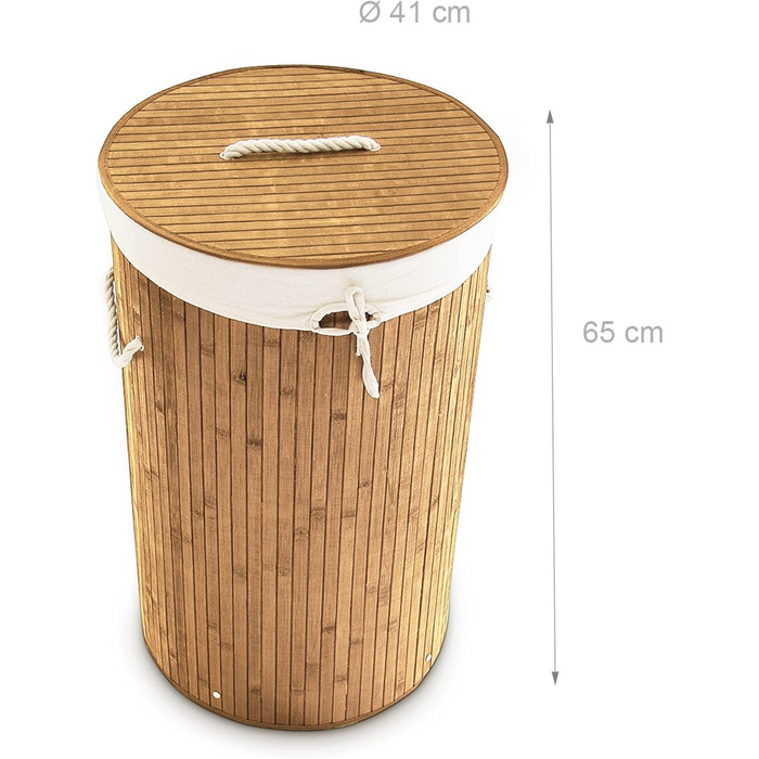 Relaxdays Wäschekorb Bambus, faltbar, Deckel, 70 l, Baumwoll-Wäschesack, rund Ø 41 cm, natur