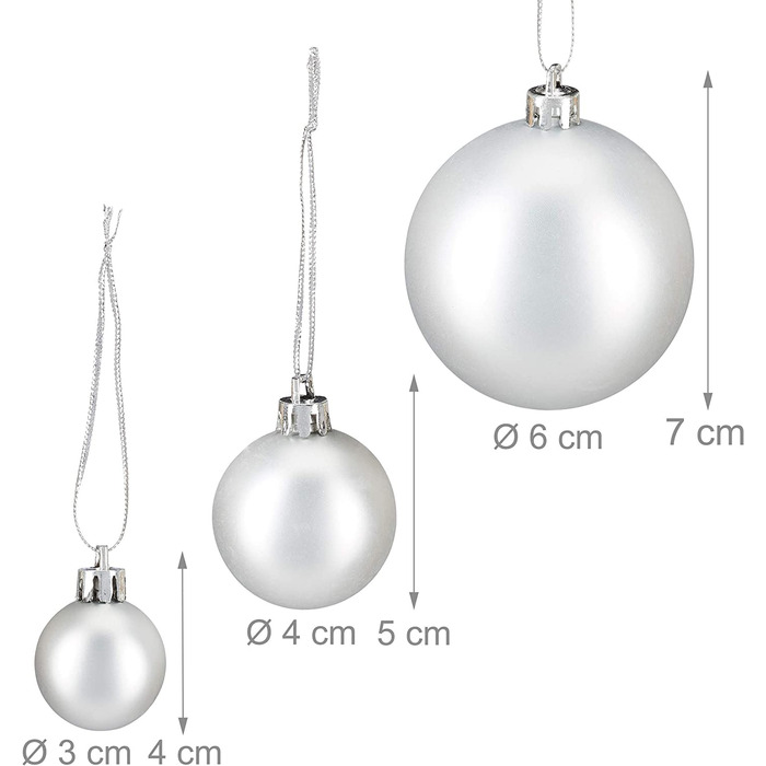 Relaxdays Weihnachtskugeln, 100er Set, Weihnachtsdeko, matt, glänzend, glitzernd, Christbaumkugel ∅ 3, 4 & 6 cm, (Silber)